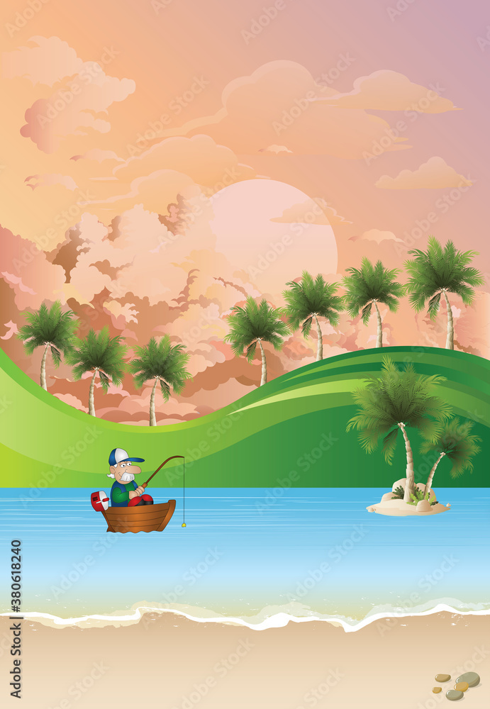 Picturesque tropical island beach scene with fisherman in boat set against a dawn or dusk pink sky