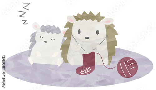 編み物をするハリネズミのイラスト(水彩風)