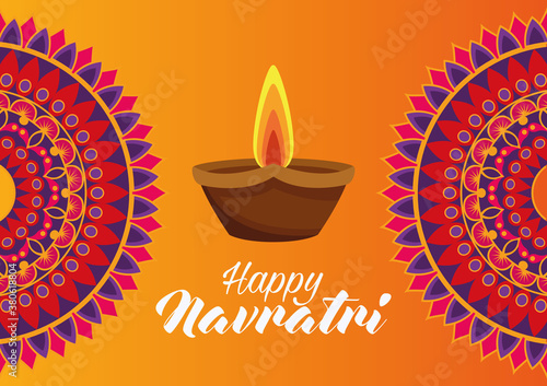 happy navratri celebration card with candle and mandalas