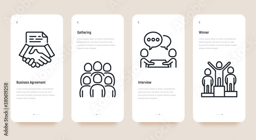 Meeting mobile user interface with thin line icons: communication, collaboration, teamwork, business agreement, gathering, interview. Vector illustration, template with copy space.
