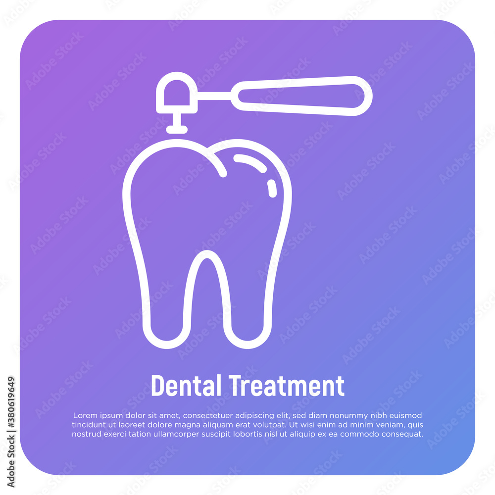 Dental treatment thin line icon. Drilling of caries for filling. Dentistry. Vector illustration. Dental treatment thin line icon. Drilling of caries for filling. Dentistry. Vector illustration.