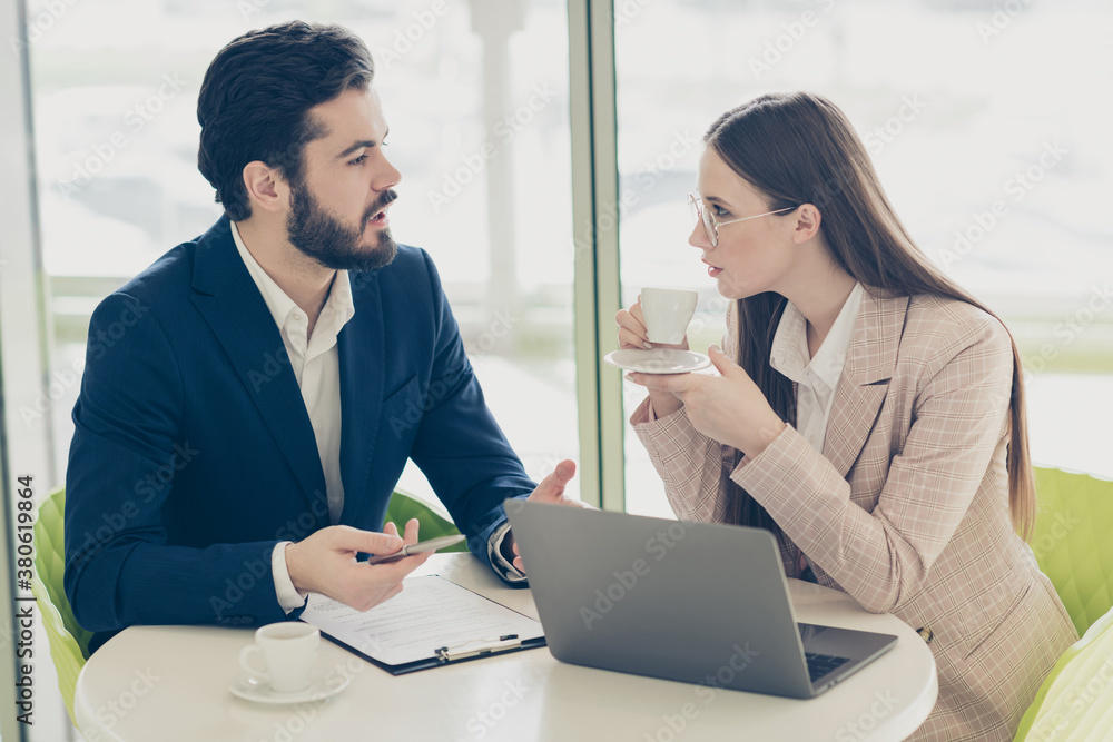 Fototapeta premium Portrait of his he her she two nice attractive stylish employees financier economist agent broker appointment meeting discussing company result at light white workplace workstation