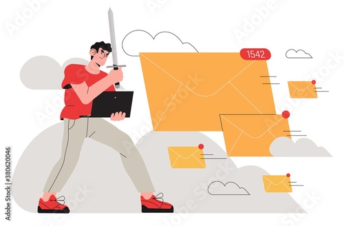 Brave man, office worker, business man fight with spam email messages by protecting his computor with sword. Spamming, email organization or mailbox cleaner concept illustration for web or ui design.