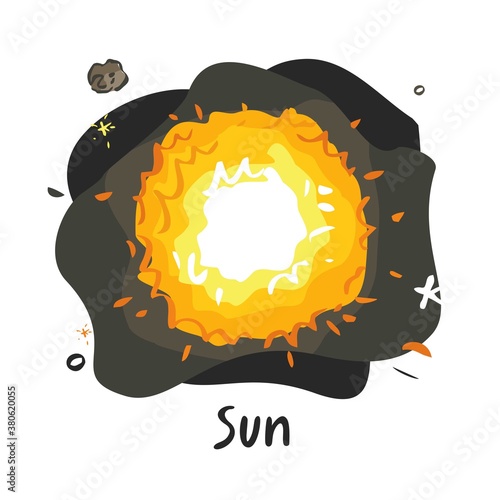 Star Sun drawn with a sketch-style line against the background of space isolated on white. Symbol of the star of the solar system for nursery, books, astrology. Cartoon flat vector illustration.