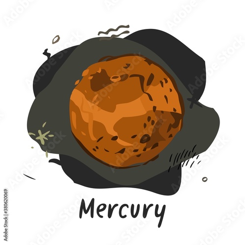 Planet Mercury drawn with a sketch-style line against the background of space isolated on white. Symbol of the planet of the solar system for nursery, books, astrology. Cartoon vector illustration.