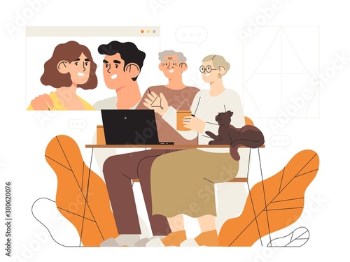 Family distant videoconference or conference call. Online communication or meeting with relatives. Parents with children chatting by video call from other country or during isolation at home.