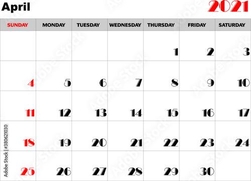 Calendario mes Abril 2021 en ingles