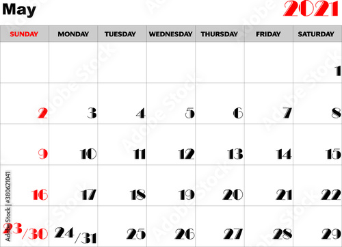 Calendario mes Mayo 2021 en ingles