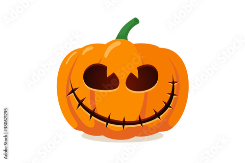 Scary spooky carved pumpkin jack lantern with creepy ghost fear screaming ghost face. Traditional happy halloween holiday celebration horror decoration evil symbol. Flat eps vector illustration