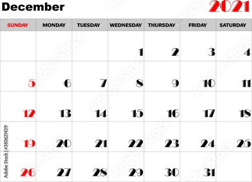 Calendario mes Diciembre 2021 en ingles