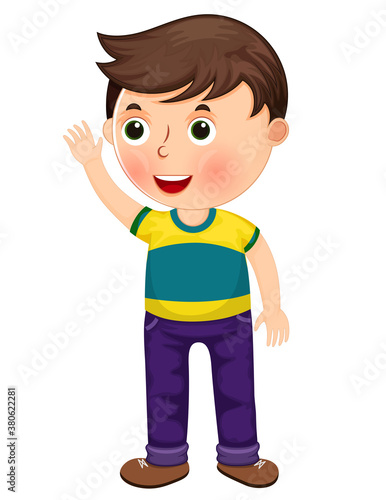 Cute cartoon little boy with a raised hand character vector illustration