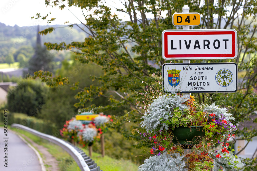LVAROT, FRANCE Septamber: The French village of Livarot and it s famous sign on 18th September 2020. Lvarot is world famous as the home of the like named cheese,