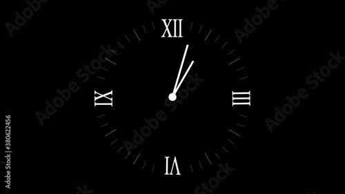 12 hours of analog clock countdown animation. Twelve hours in one minute. Animation of the clock. White clock video on Black Background. HD Video. photo