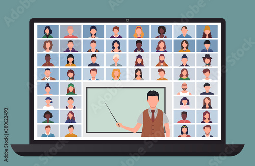 Online Class. Students studying with computer at home. Learn from home via teleconference. Video conference call on laptop during coronavirus quarantine. Distance education concept vector illustration