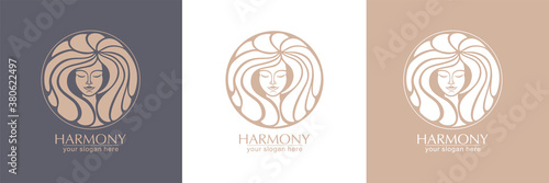 Female face logo. Emblem for a beauty or yoga salon. Style of harmony and beauty. Vector illustration