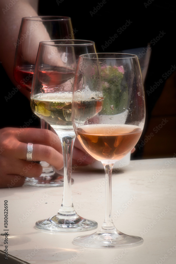 Variety of wine from beat wine cellars of Frushka Gora and Sremski Karlovci, Serbia, - merlot, sovignon, rose and bermet in glasses