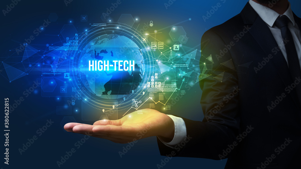 Elegant hand holding HIGH-TECH inscription, digital technology concept Elegant hand holding HIGH-TECH inscription, digital technology concept