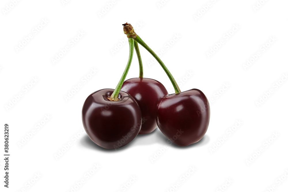 Three burgundy sweet cherries with stems isolated on white background. Close up, side view Three burgundy sweet cherries with stems isolated on white background. Close up, side view