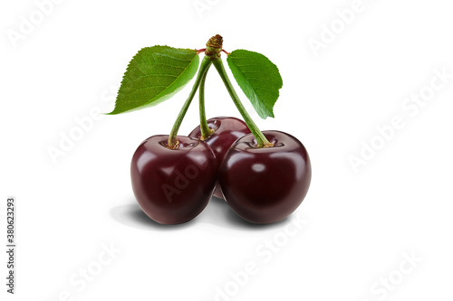 Three dark red sweet cherries with green leaves isolated on white background. Close up, copy space, side view