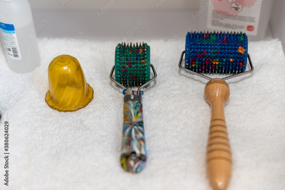 Massage yourself, composition of different tools isolated on white