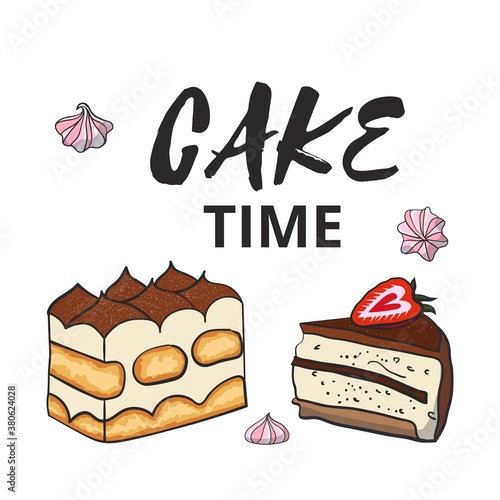 stock vector hand drawn cake time greeting card tiramisu and souffle cake cartoon style illustration