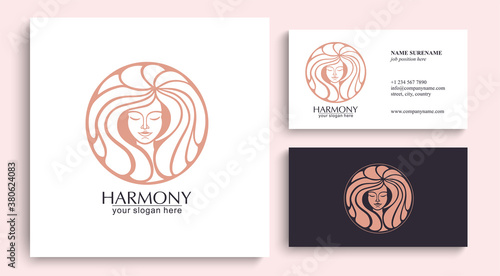 Female face logo. Emblem for a beauty or yoga salon. Style of harmony and beauty. Vector illustration