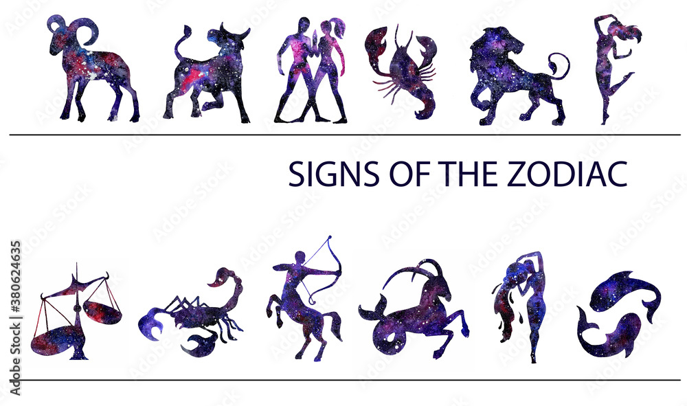 Set of watercolor art of signs of the zodiac