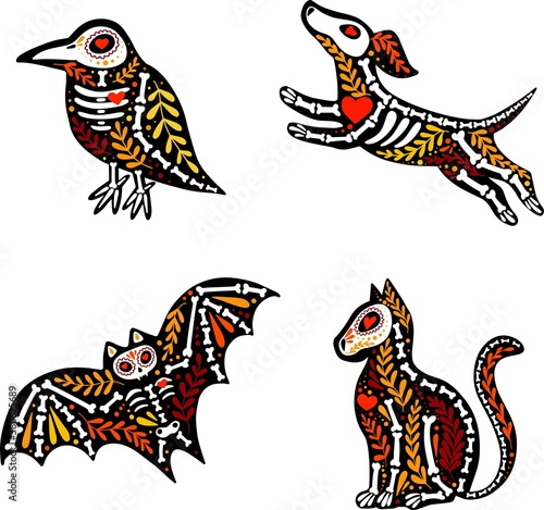 Vector colorful set of stickers. Dia de los Muertos, Day of the dead or Halloween concept. Dog and cat skeletons with autumn floral design, isolated on white background