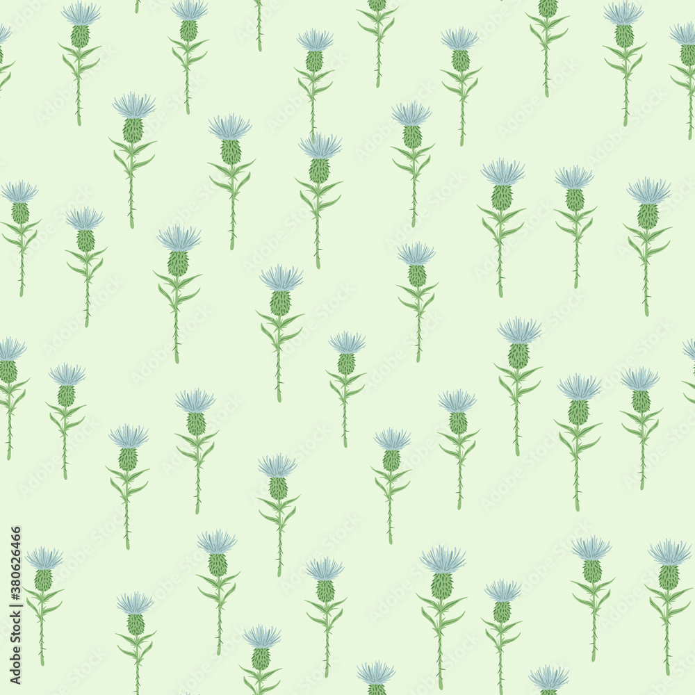 Little burdock silhouettes seamless random pattern.. Blue and green colored botanic ornament on pastel light background.