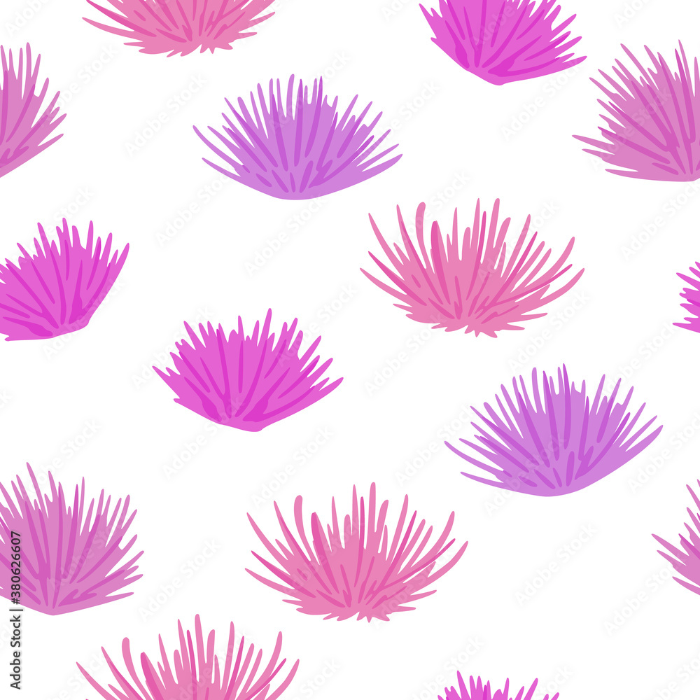 Simple isolated flower bud seamless pattern. Thorn botanic print in pink and lilac colors on white background. Simple isolated flower bud seamless pattern. Thorn botanic print in pink and lilac colors on white background.