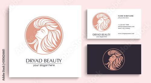 Dryad. Female face logo in profile with leaf hair. Emblem for a beauty or yoga salon. Style of harmony and beauty. Vector illustration