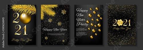 Set of banners for Happy New Year 2021. Gold and black colors. Fir branches, christmas balls, snowflakes and 2021 numbers. A4 vector illustration for invitation, greeting card, cover.