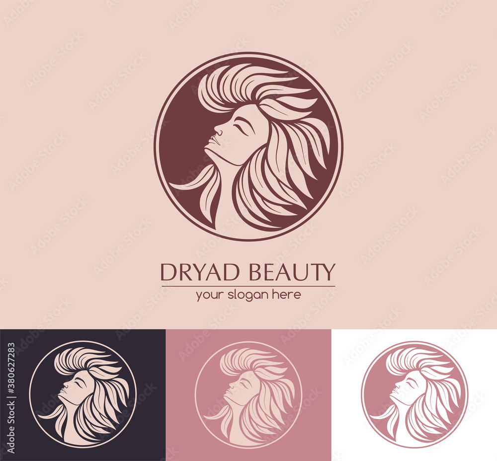 Dryad. Female face logo in profile with leaf hair. Emblem for a beauty or yoga salon. Style of harmony and beauty. Vector illustration