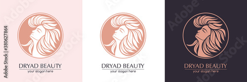 Dryad. Female face logo in profile with leaf hair. Emblem for a beauty or yoga salon. Style of harmony and beauty. Vector illustration