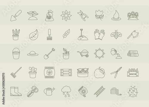 gardening tools  packages of soil  fertilizers  seeds  flowerpots  planting and growing process icons set line icons style