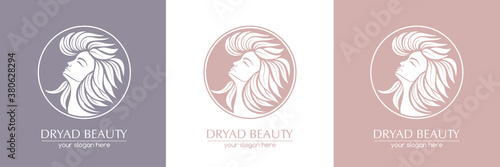 Dryad. Female face logo in profile with leaf hair. Emblem for a beauty or yoga salon. Style of harmony and beauty. Vector illustration