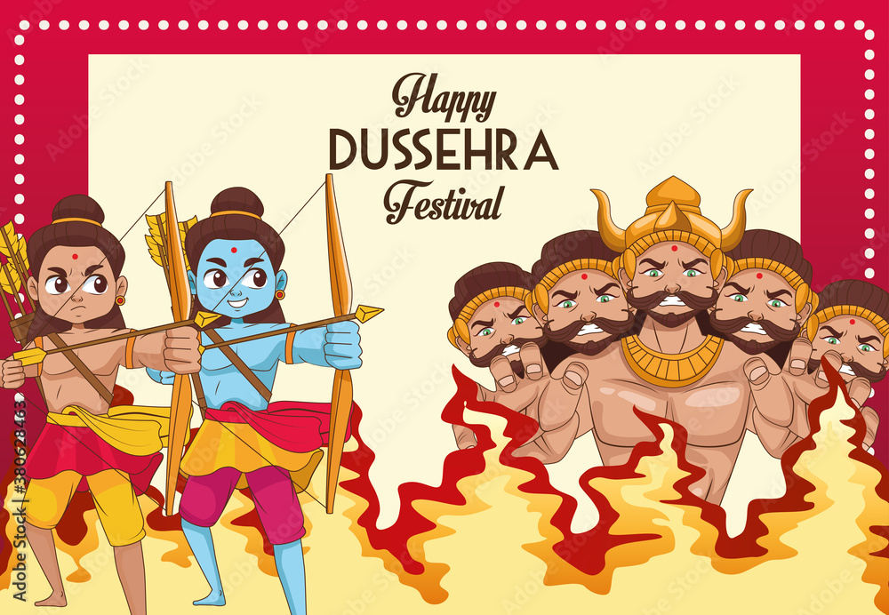 happy dussehra festival poster with two rama and ten headed ravana characters