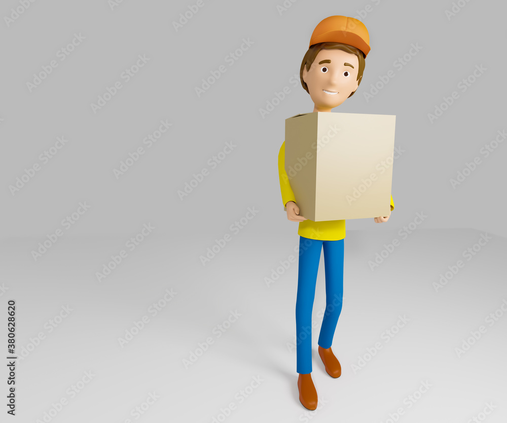 3D rendering. A man in uniform from a delivery service with a box in his hands. 3D rendering. A man in uniform from a delivery service with a box in his hands.