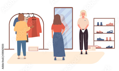 Shopping concept. One woman standing in front of a mirror in a clothing store and trying on a skirt or blouse another one is choosing a jacket. Flar vector illustration