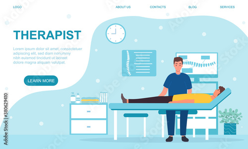 Doctors appointment concept. The therapist examining the patient lying on the couch in his office. Flat colored vector illustration. Web page template