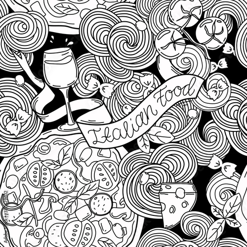Seamless Italian food pattern. Coloring book. Vector.