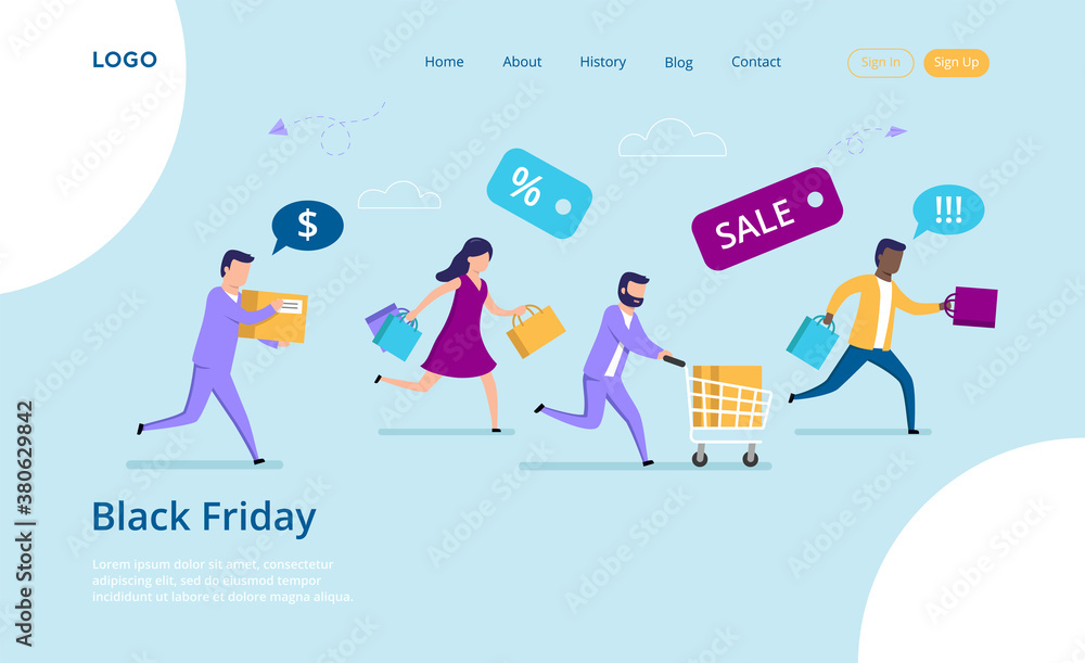 Black Friday, Big Sale, Mega Sale Concept. Male And Female Characters Run Fast To Catch The Big Sale On Black Friday. People In A Hurry Carrying A Cart And Shopping Bags. Flat Vector Illustration