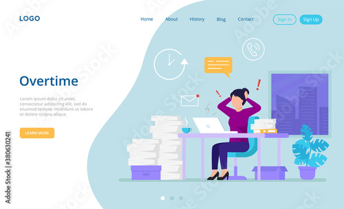 Stressed And Overworked Concept. Female Character Sitting At The Table In The Office With Laptop And Working Overtime. Deadline, Stress At Work, Working Hard. Cartoon Flat Style Vector Illustration