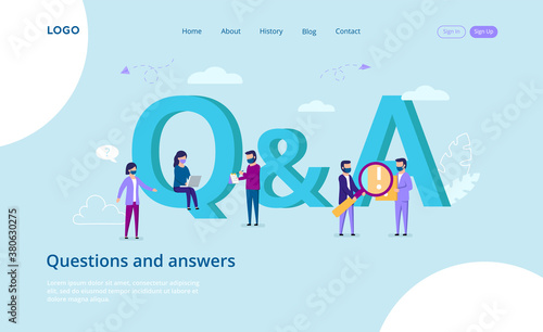 Questions And Answers, Communication , Q A Concept. A Group Of People Answering A Questionnaire Online Using Laptop And Internet Or Real Communication. Cartoon Logo, Flat Style Vector Illustration