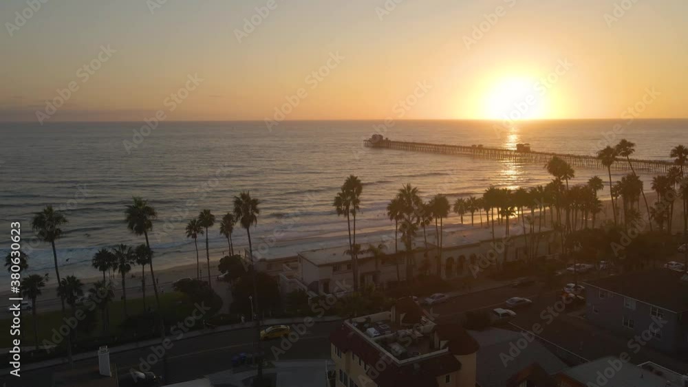 Aerial shot of palm trees and oceanside pier in California Aerial shot of palm trees and oceanside pier in California