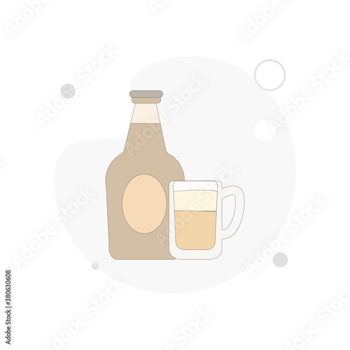 Bottle of beer with glass vector flat illustration on white background