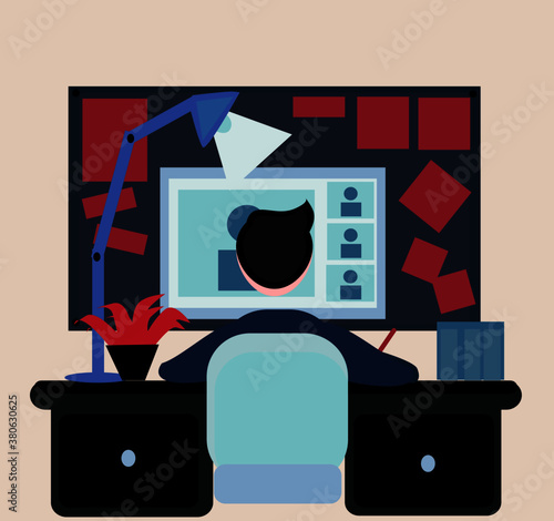 illustration of a boy busy studying with his computer at home, studying during quarantine, with his teacher, etc.