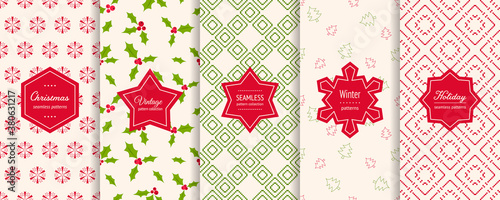 Christmas seamless patterns. Vector set of winter holiday background swatches with modern labels, stickers. Abstract textures with snowflakes, pine trees, mistletoe, nordic ornaments. Repeat design