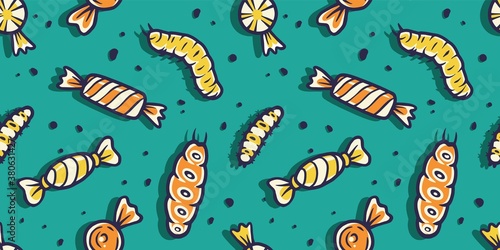 Colored seamless pattern with sweets candy illustrations for holiday design. Halloween or New Year elements. October party banner, poster or postcard