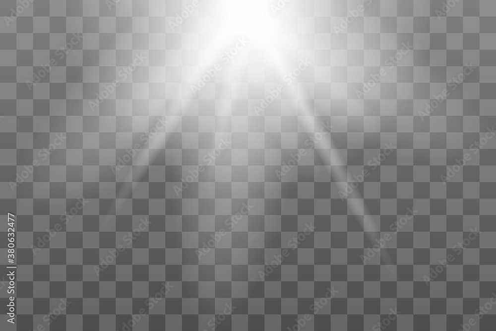 Fototapeta Shining sun glare rays, lens flare vector illustration. Sunlight glowing png effect. White beam sunrays sky background